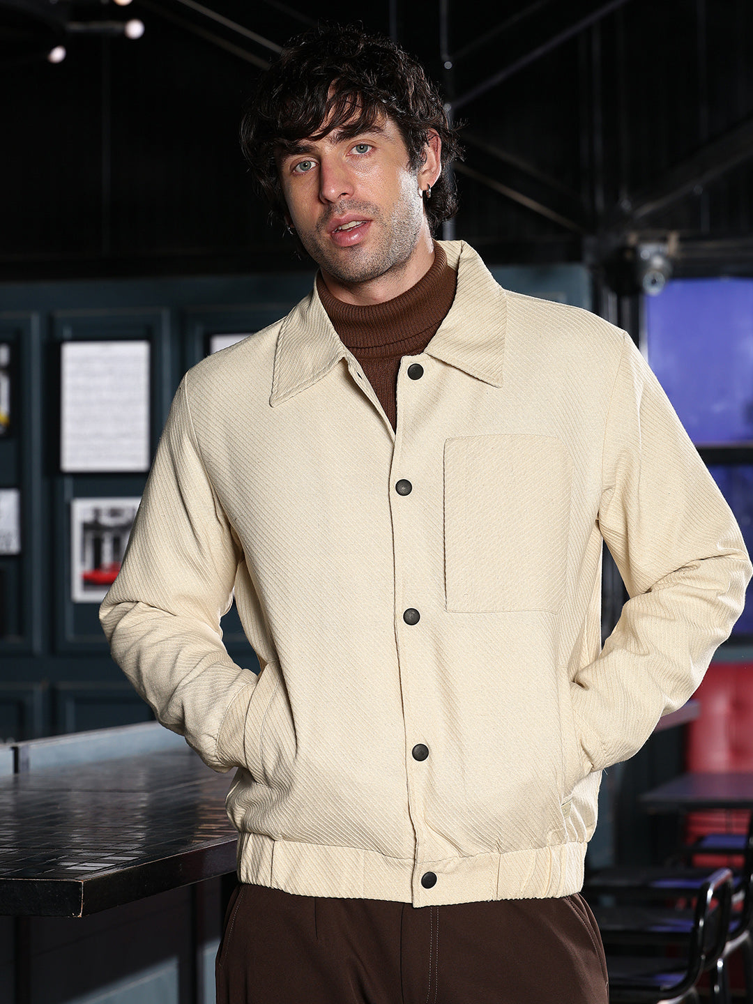 Campus Sutra Lined-Jacquard Utility Bomber Jacket