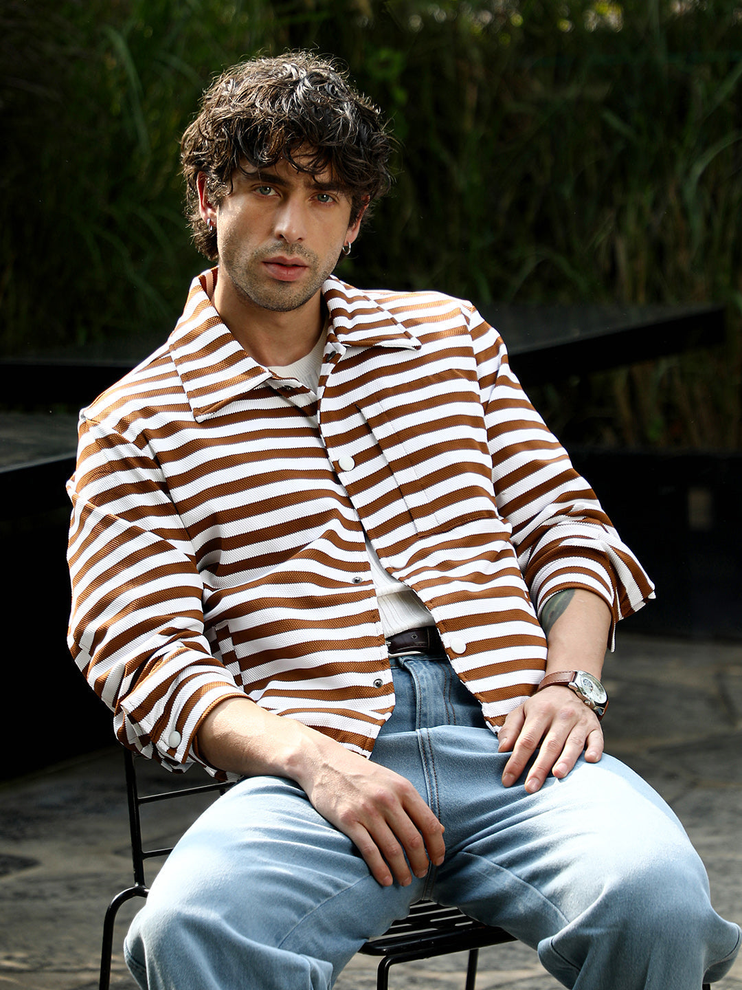 Campus Sutra Candy-Striped Utility Bomber Jacket