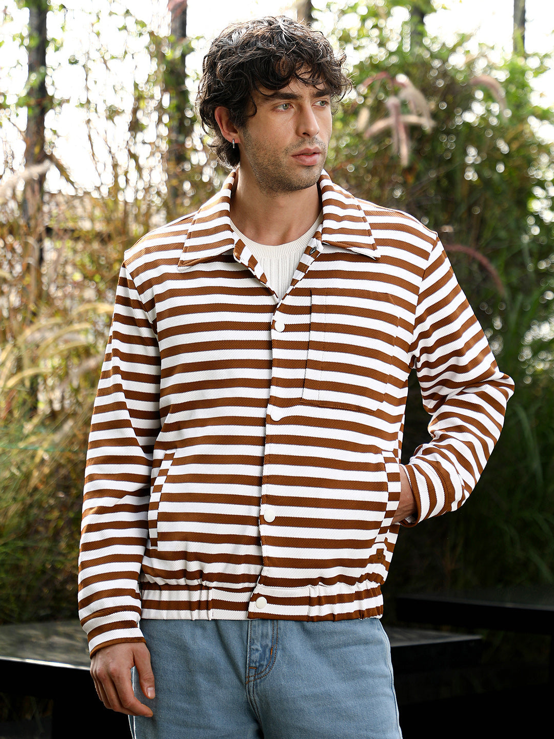 Campus Sutra Candy-Striped Utility Bomber Jacket
