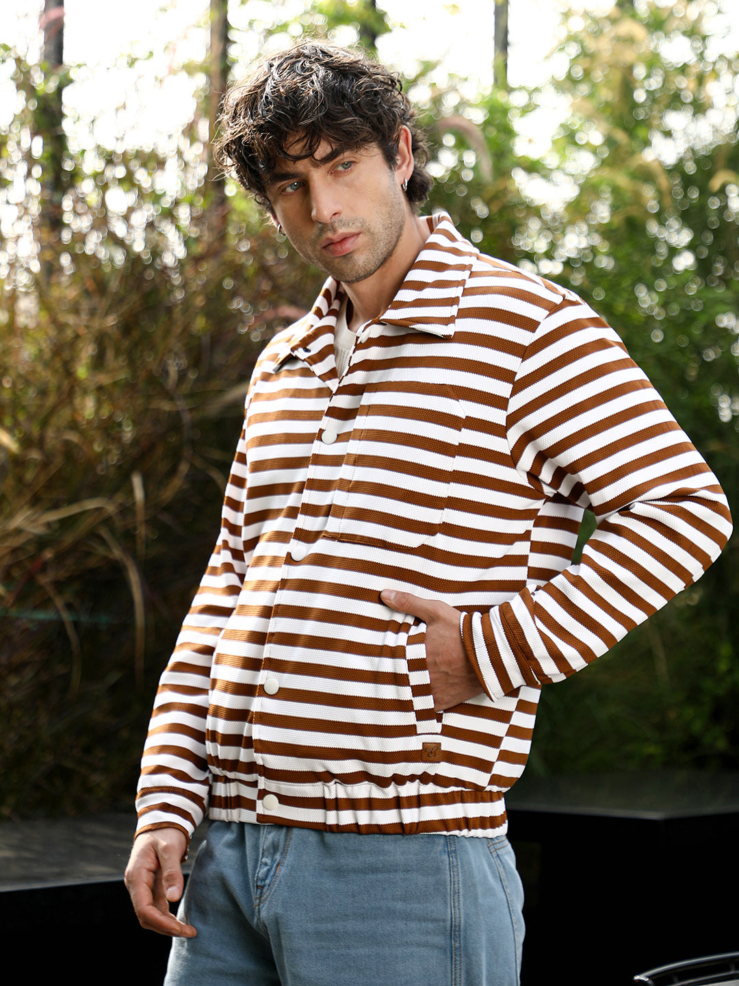 Campus Sutra Candy-Striped Utility Bomber Jacket