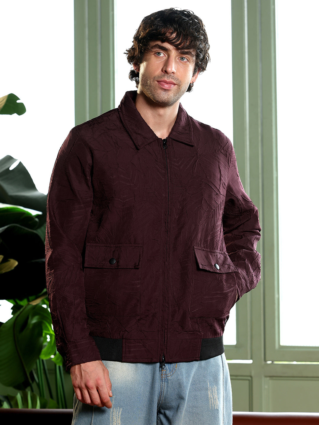 Campus Sutra Zip-Front Foliage-Tactile Bomber Jacket