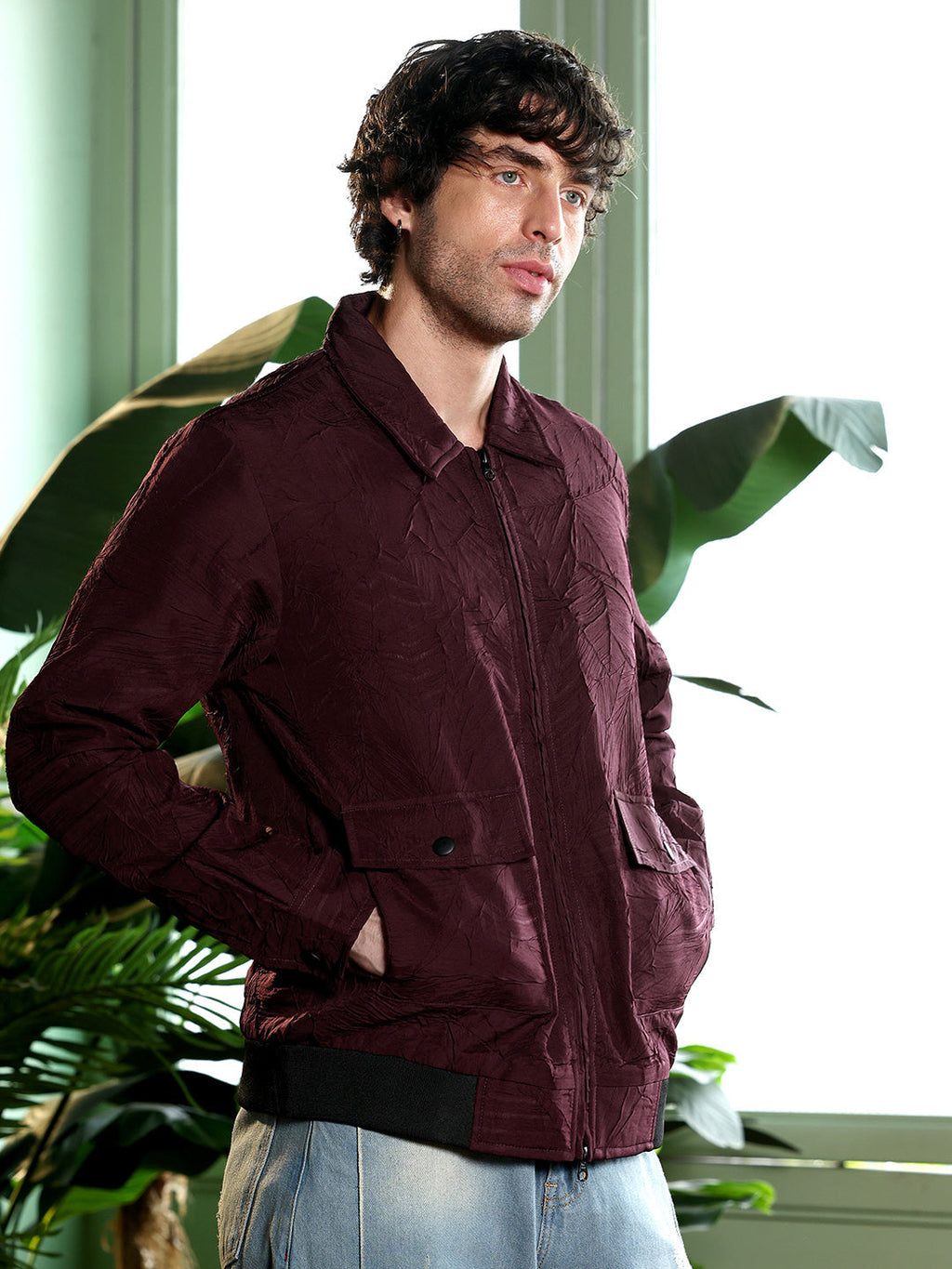 Campus Sutra Zip-Front Foliage-Tactile Bomber Jacket