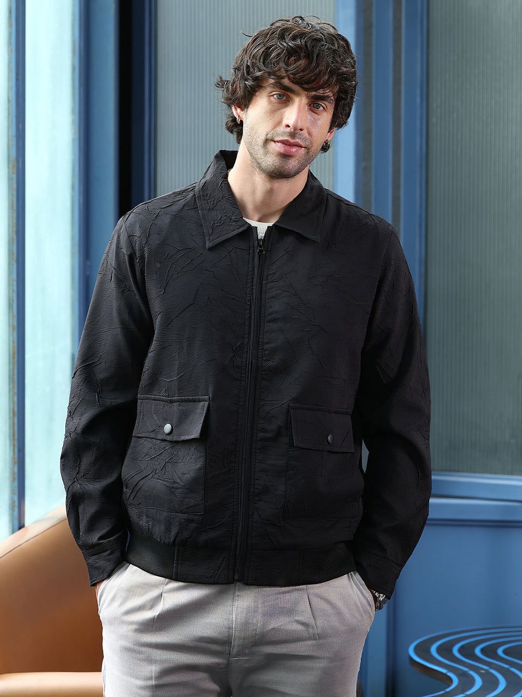 Campus Sutra Zip-Front Foliage-Tactile Bomber Jacket