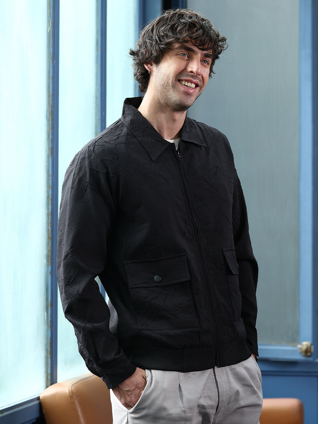 Campus Sutra Zip-Front Foliage-Tactile Bomber Jacket