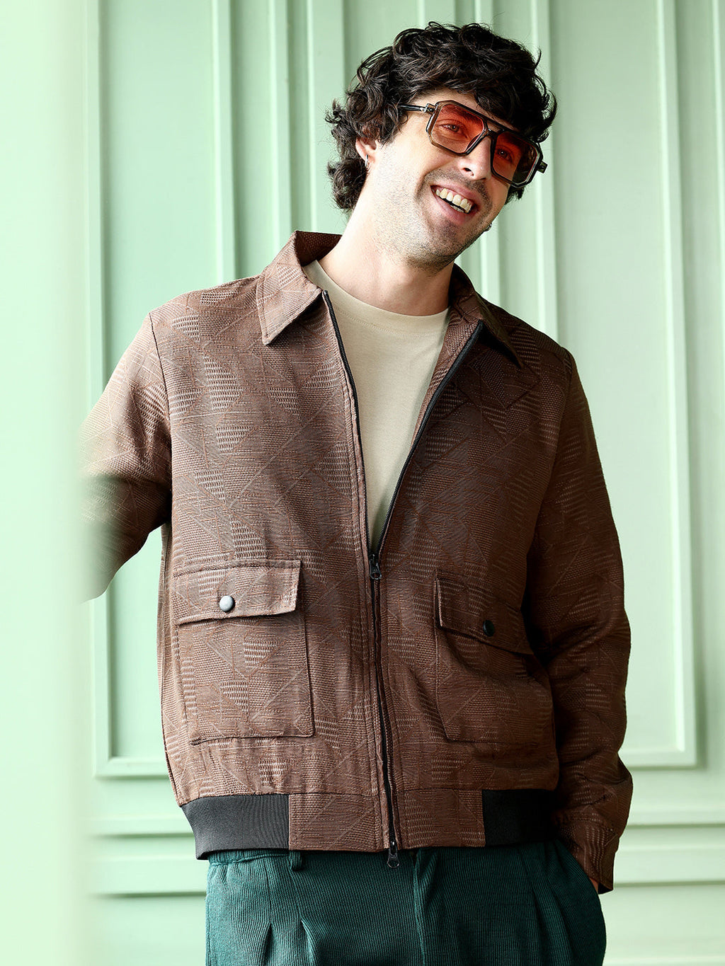 Campus Sutra Geometric-Jacquard Zip-Front Jacket