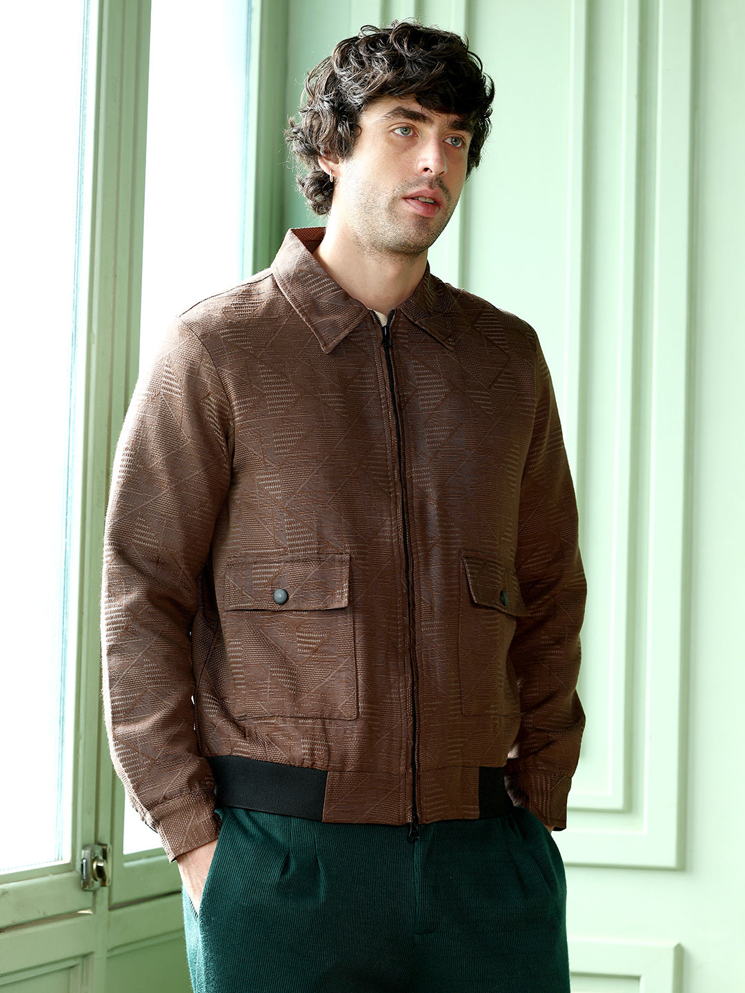 Campus Sutra Geometric-Jacquard Zip-Front Jacket