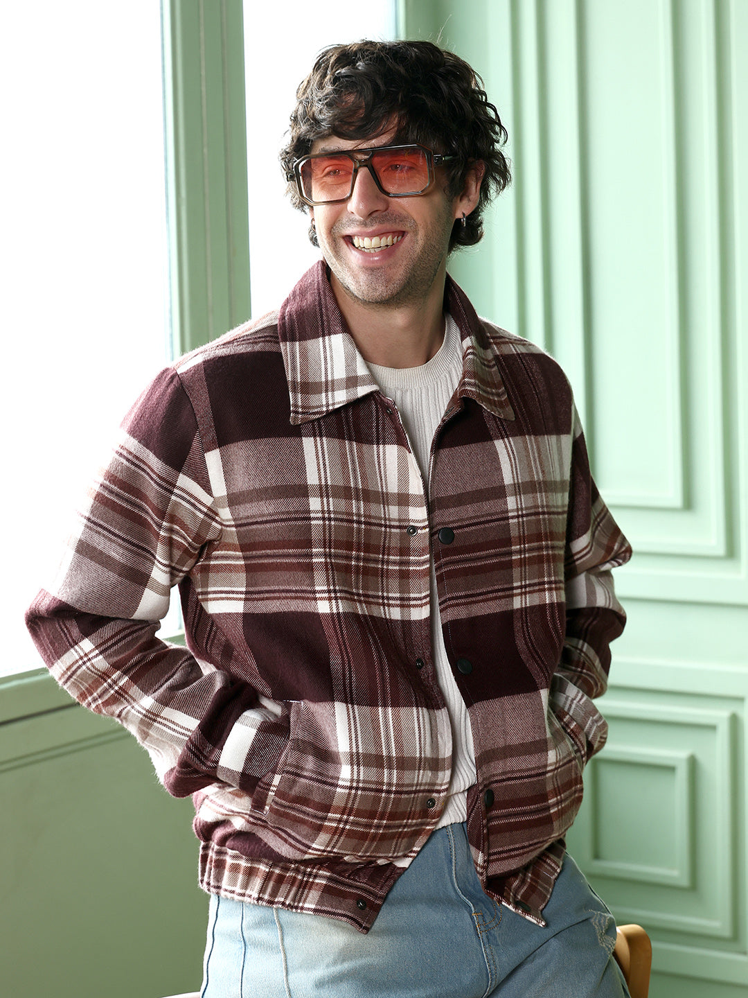 Campus Sutra Brushed-Plaid Bomber Jacket