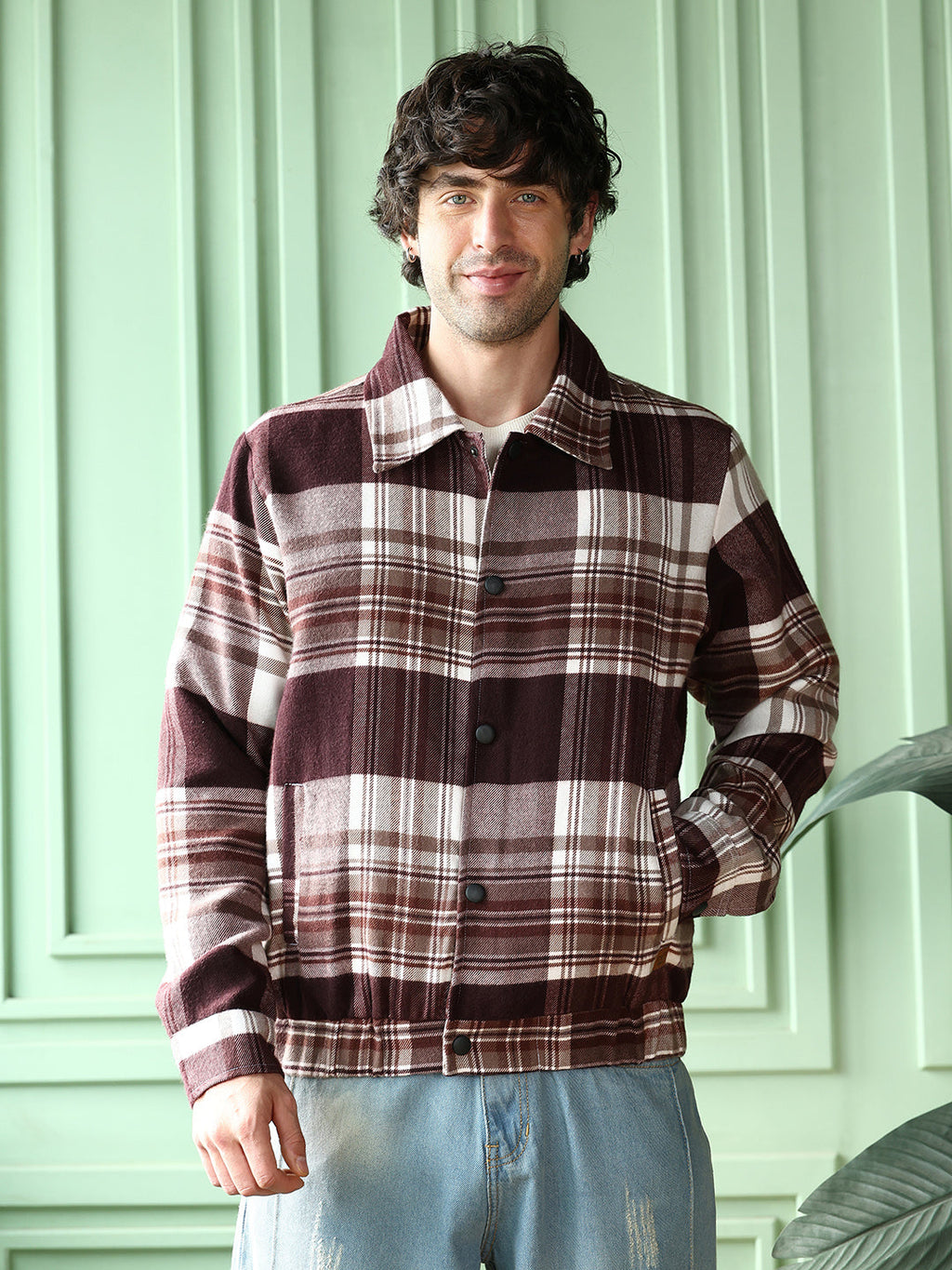 Campus Sutra Brushed-Plaid Bomber Jacket