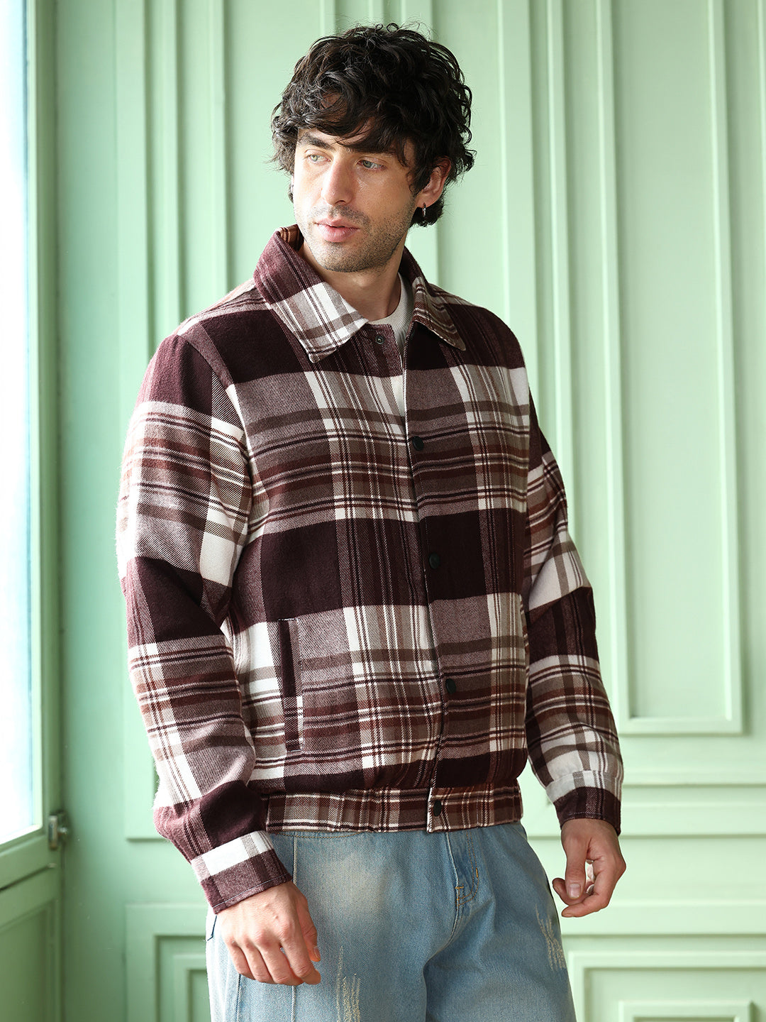 Campus Sutra Brushed-Plaid Bomber Jacket