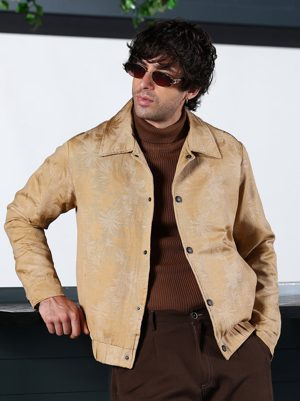 Campus Sutra Palm-Jacquard Bomber Jacket