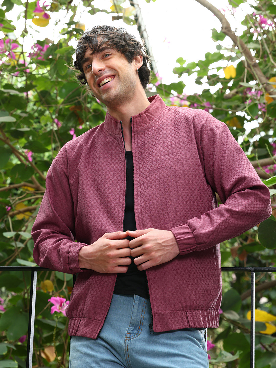 Campus Sutra Gridveil-Jacquard Bomber Jacket