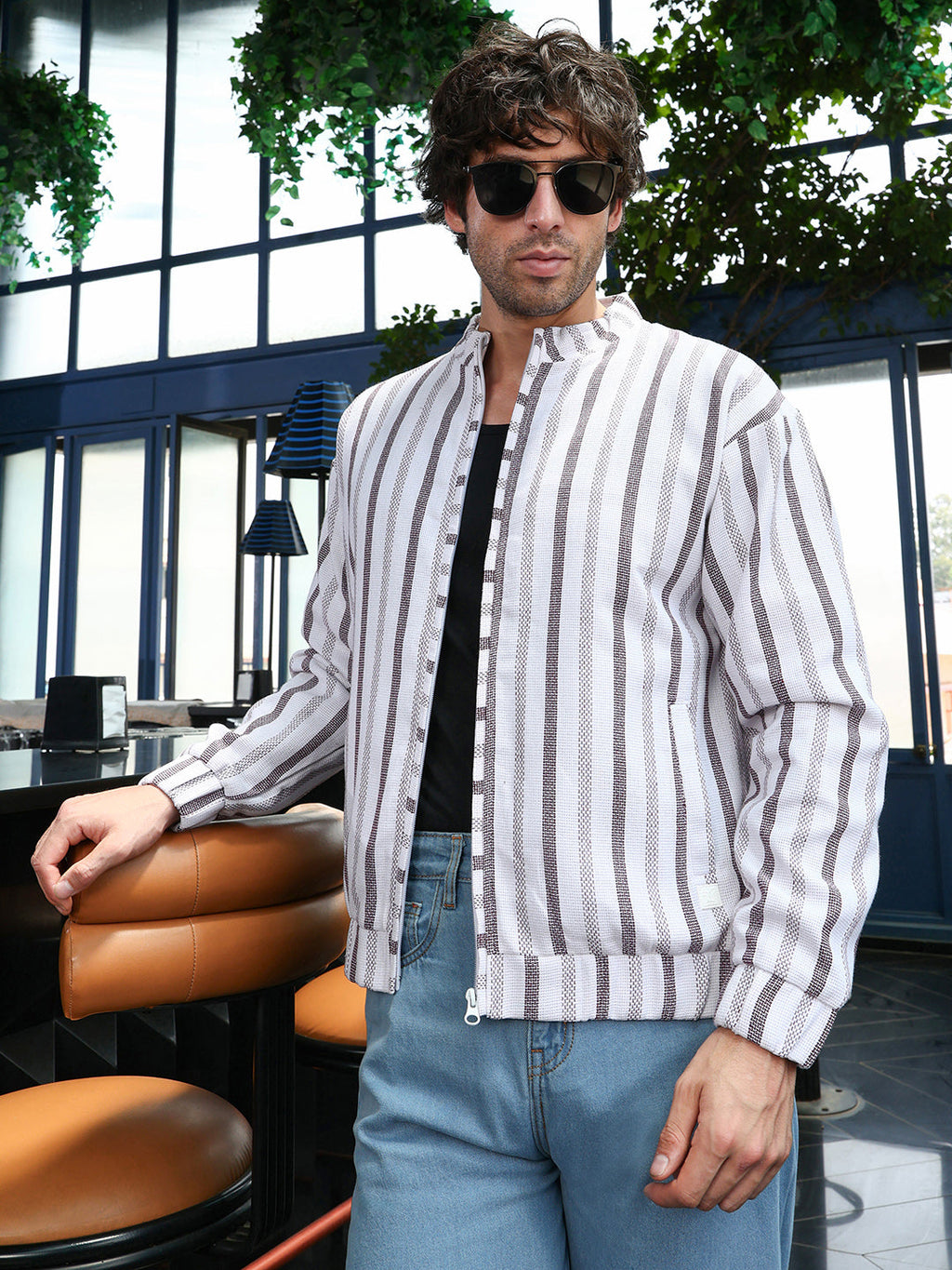 Campus Sutra Striped-Dobby Bomber Jacket