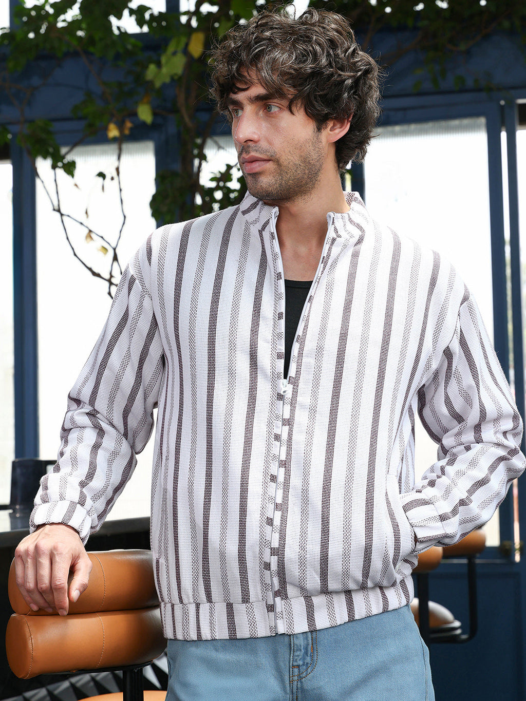 Campus Sutra Striped-Dobby Bomber Jacket