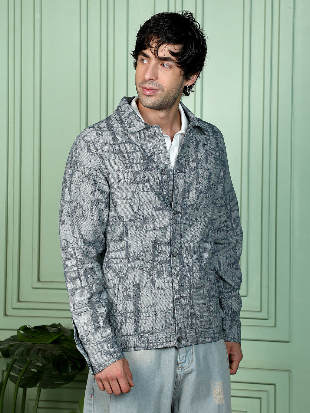 Campus Sutra Abstract Jacquard-Denim Jacket