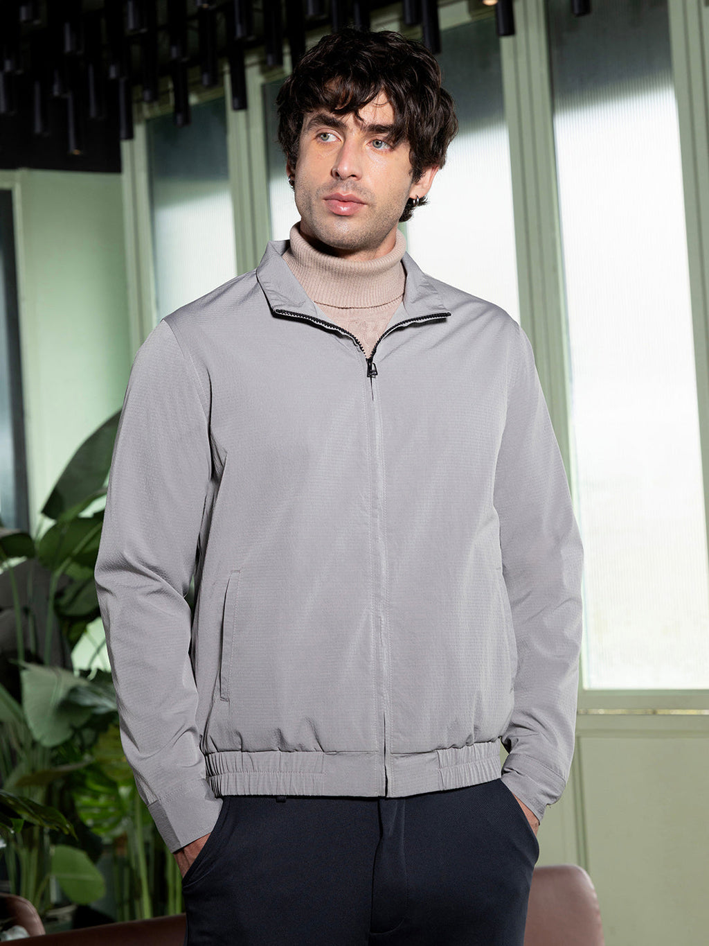 Campus Sutra Solid-Textured Bomber Jacket