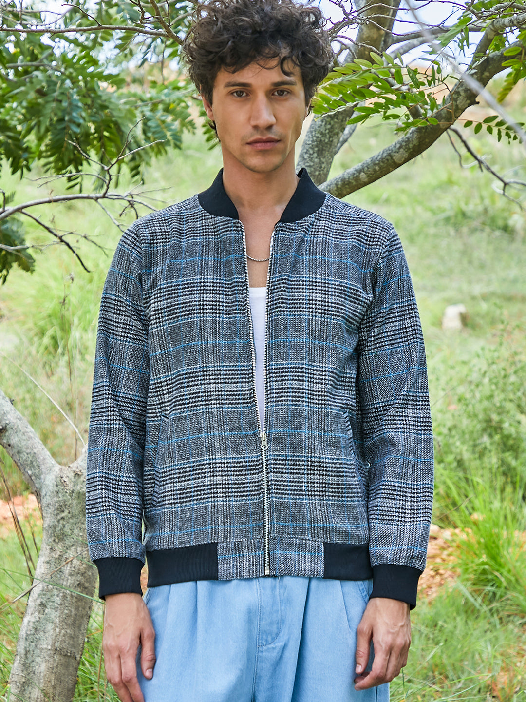 Campus Sutra Tartan Plaid Jacket With Ribbed Hem
