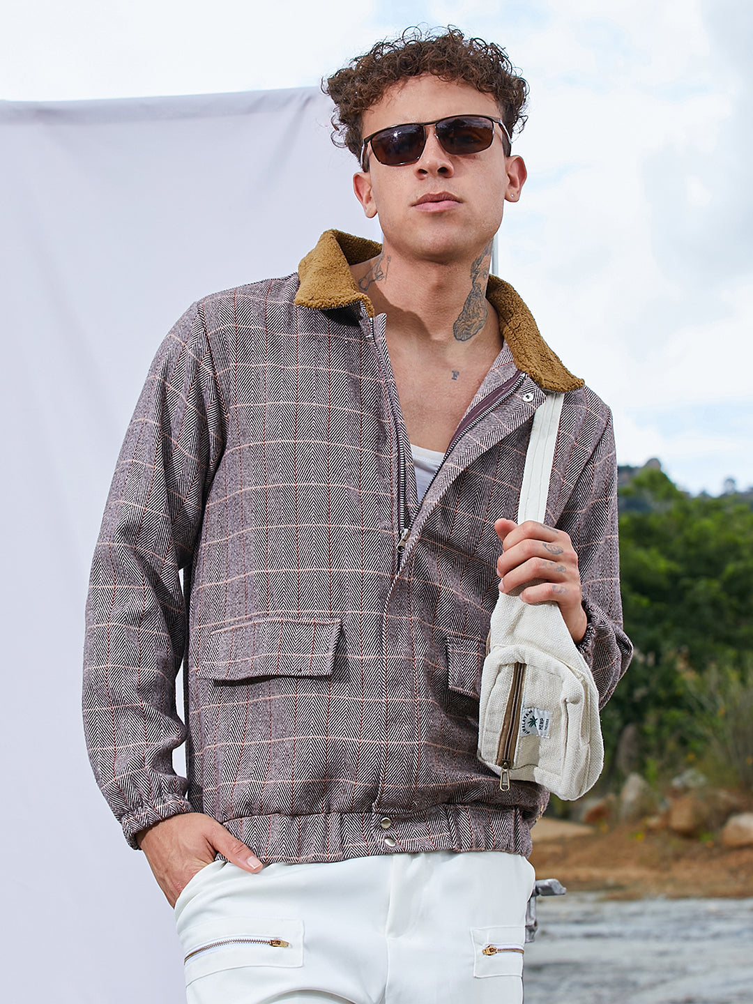 Campus Sutra Tartan Plaid Jacket With Fleece Collar