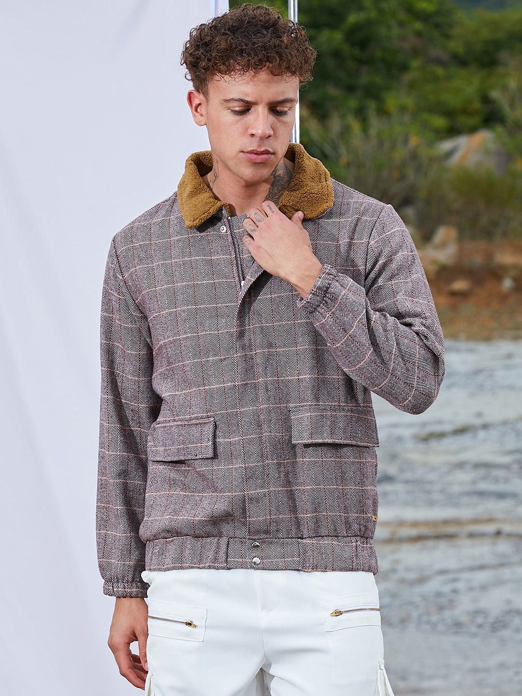 Campus Sutra Tartan Plaid Jacket With Fleece Collar