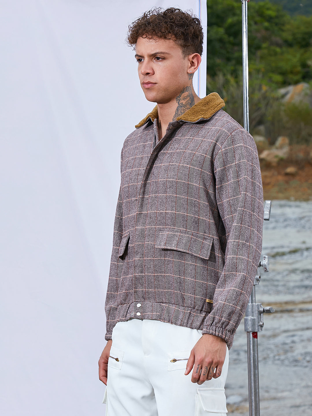 Campus Sutra Tartan Plaid Jacket With Fleece Collar