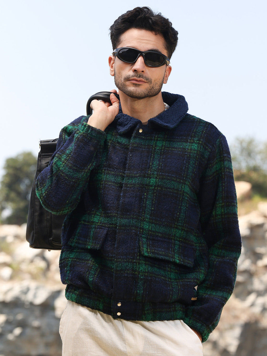 Campus Sutra Tartan Plaid Jacket With Fleece Collar
