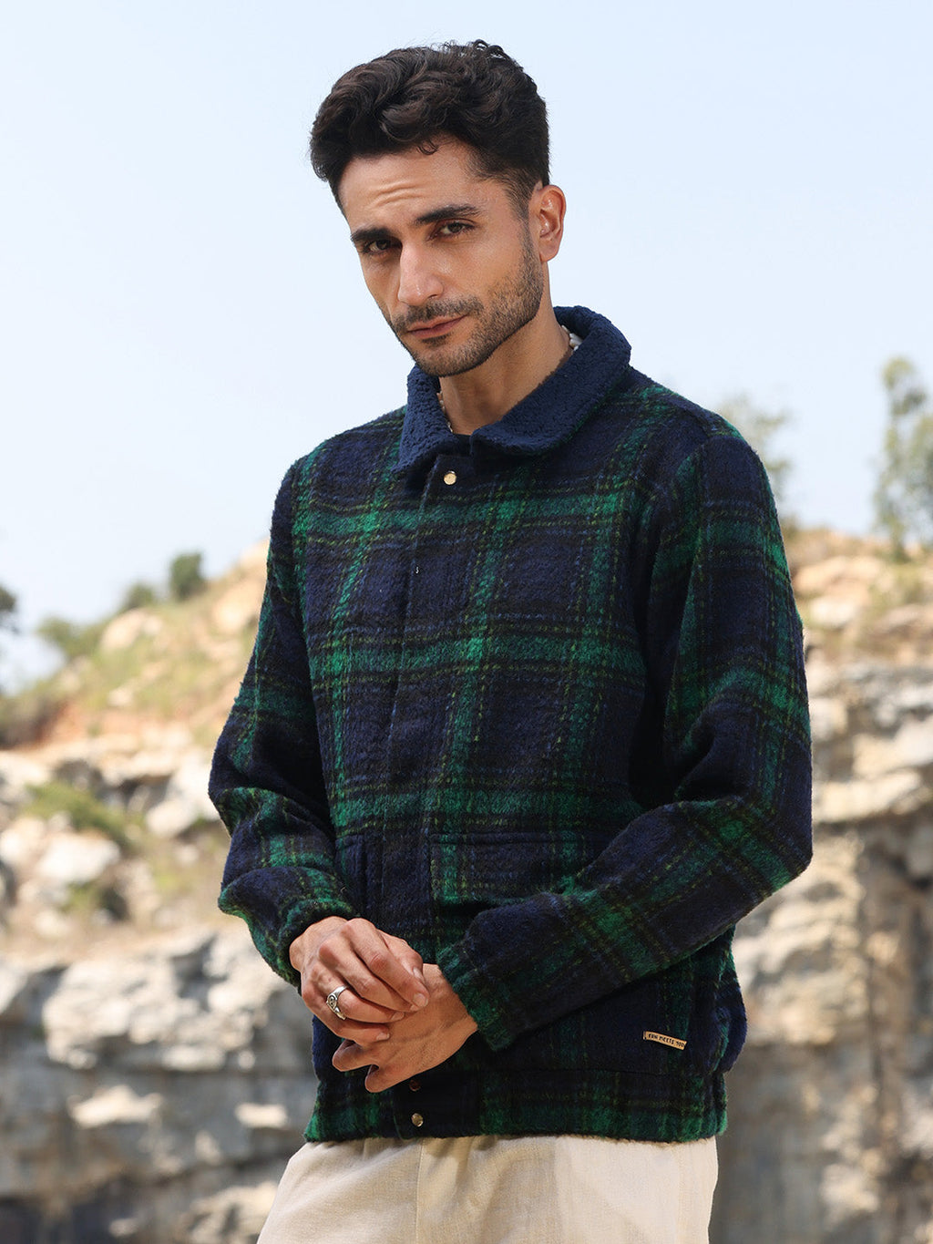 Campus Sutra Tartan Plaid Jacket With Fleece Collar