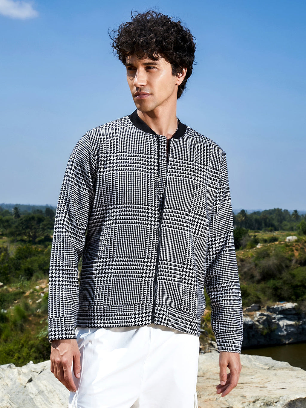 Campus Sutra Zip-Front Houndstooth Jacket