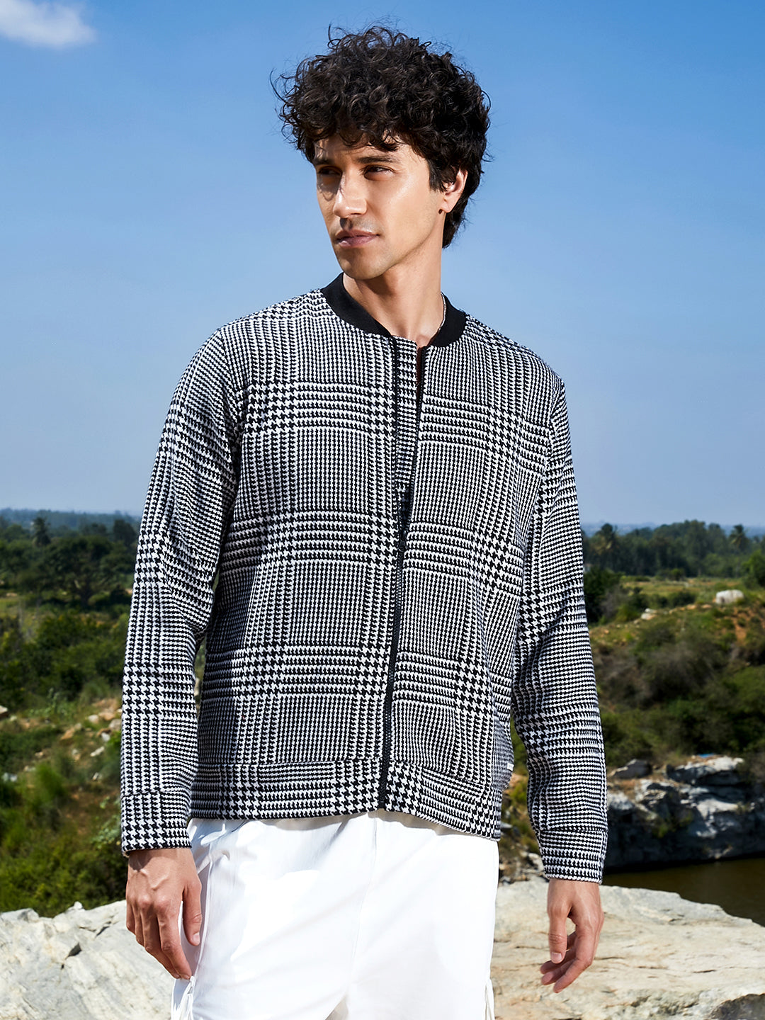 Campus Sutra Zip-Front Houndstooth Jacket
