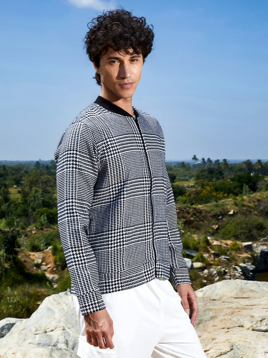 Campus Sutra Zip-Front Houndstooth Jacket