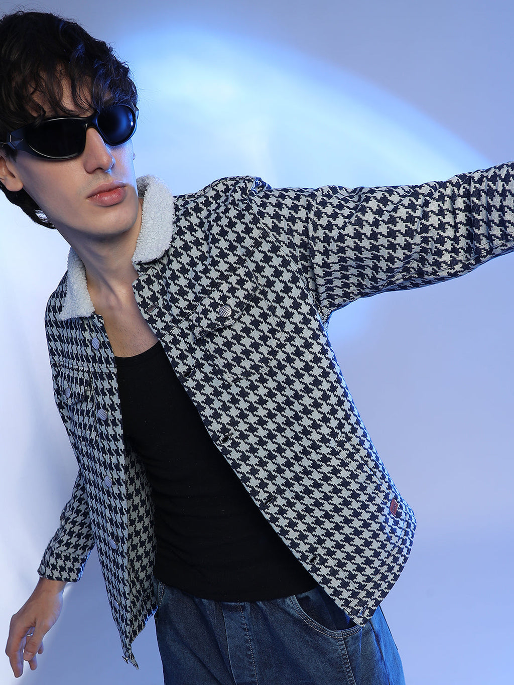 Campus Sutra Fleece Houndstooth Denim Jacket