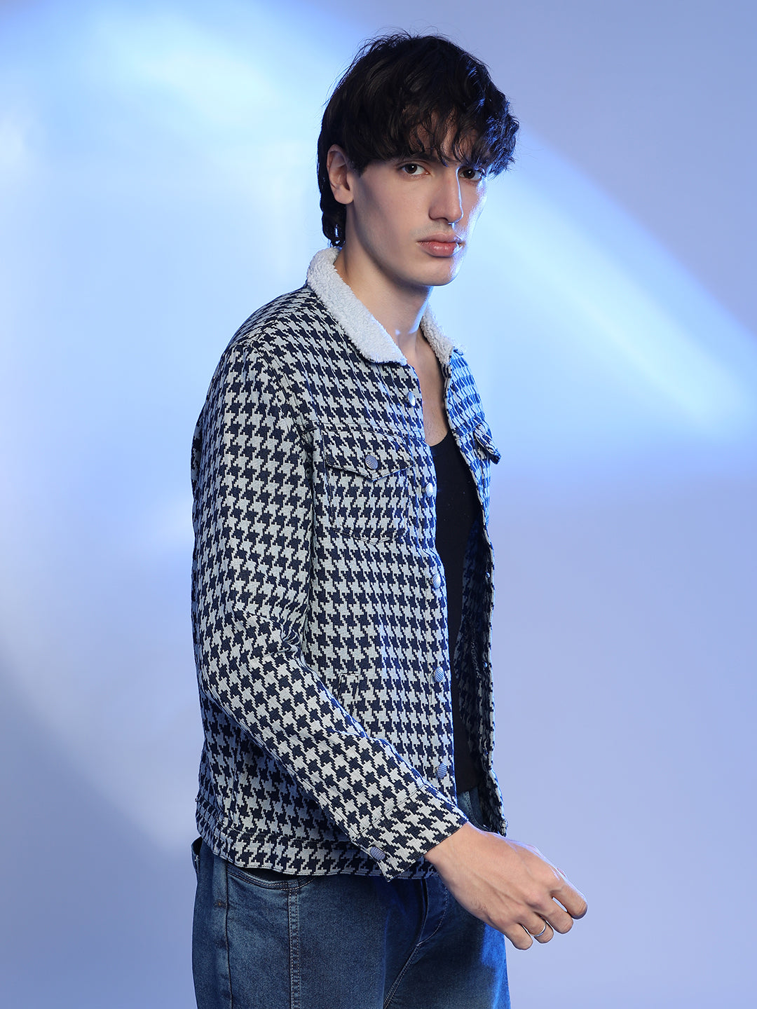 Campus Sutra Fleece Houndstooth Denim Jacket