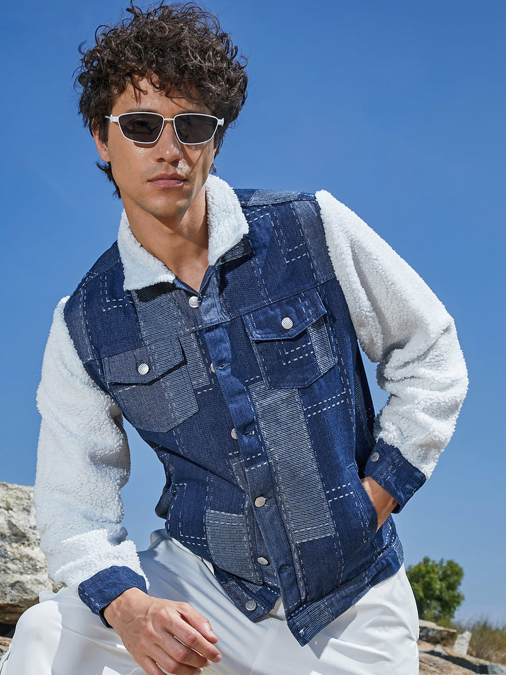Campus Sutra Fleece Block Denim Jacket