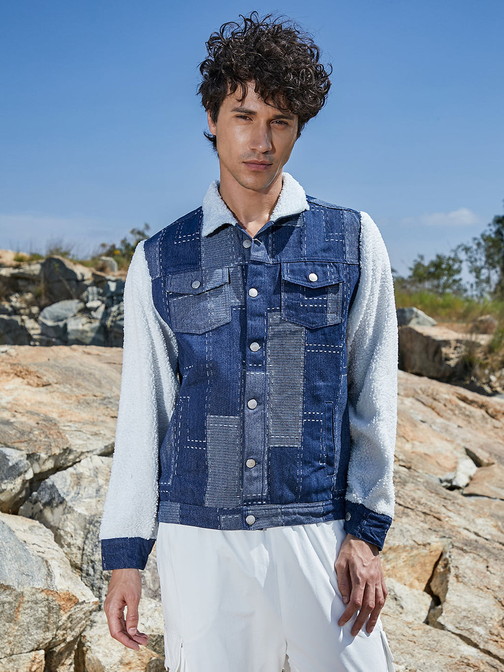 Campus Sutra Fleece Block Denim Jacket