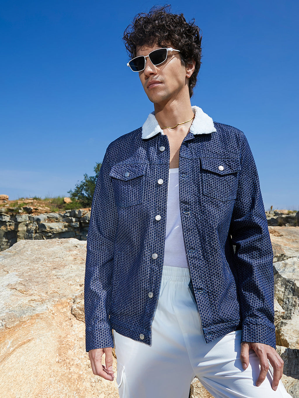 Campus Sutra Fleece Polka Dot Denim Jacket