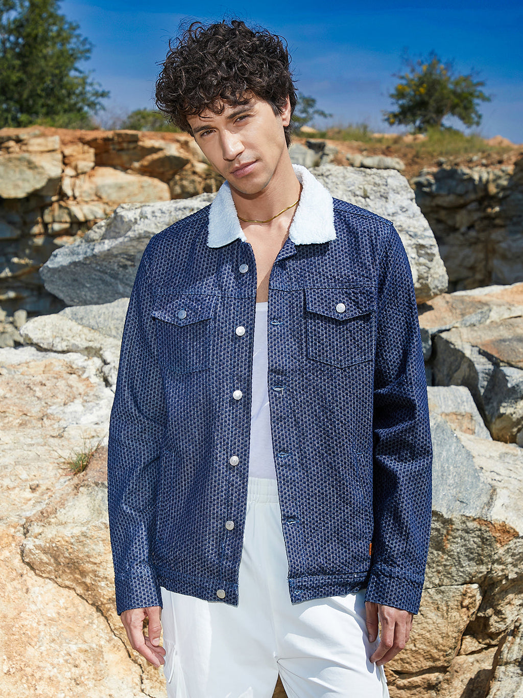 Campus Sutra Fleece Polka Dot Denim Jacket