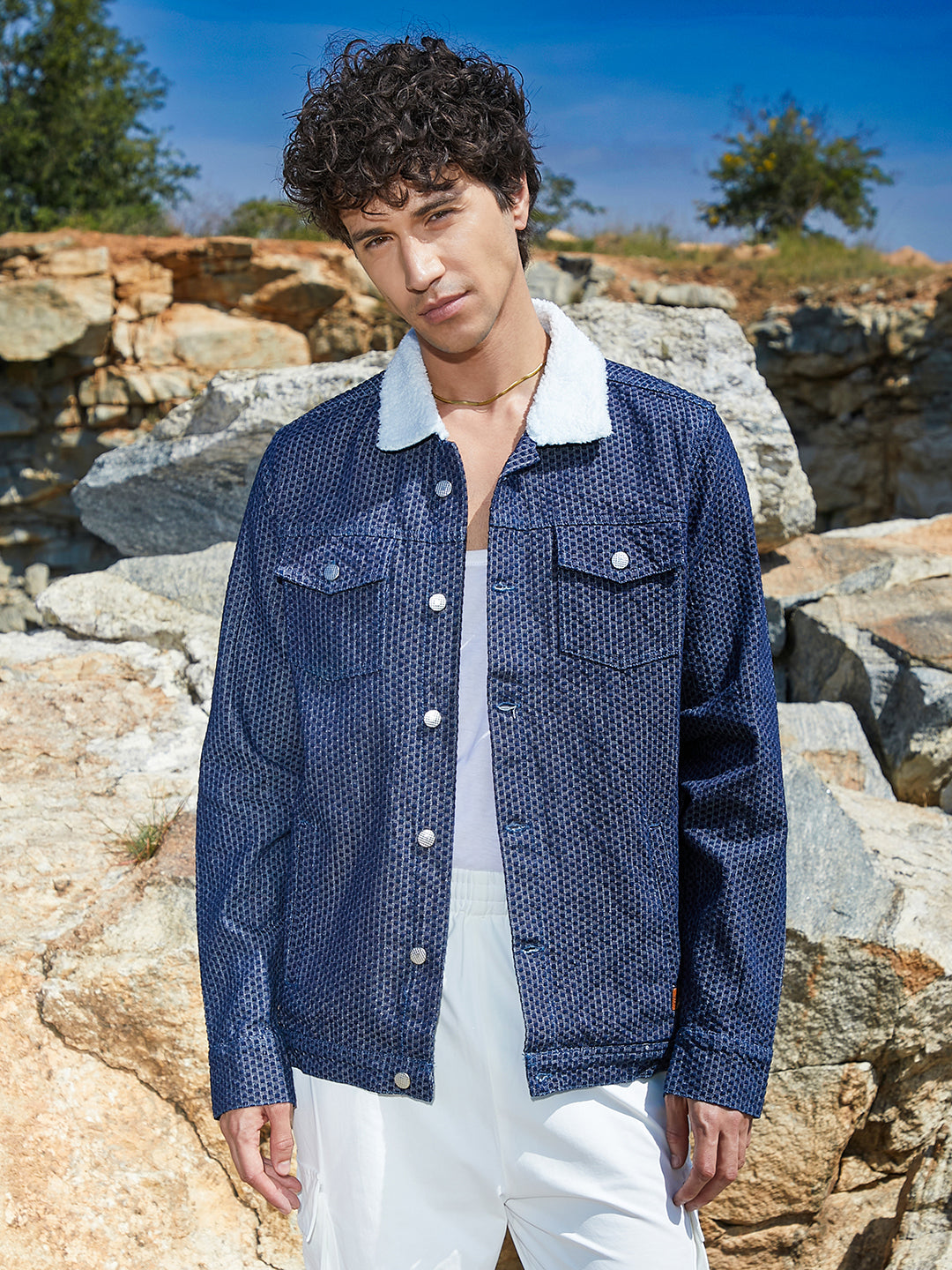 Campus Sutra Fleece Polka Dot Denim Jacket