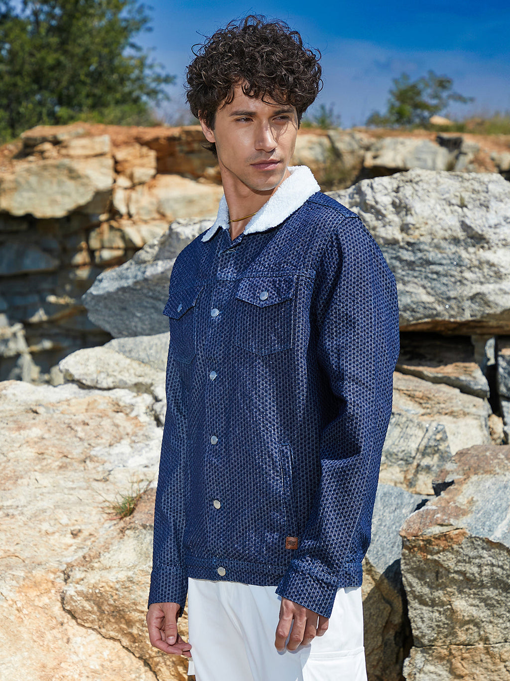 Campus Sutra Fleece Polka Dot Denim Jacket