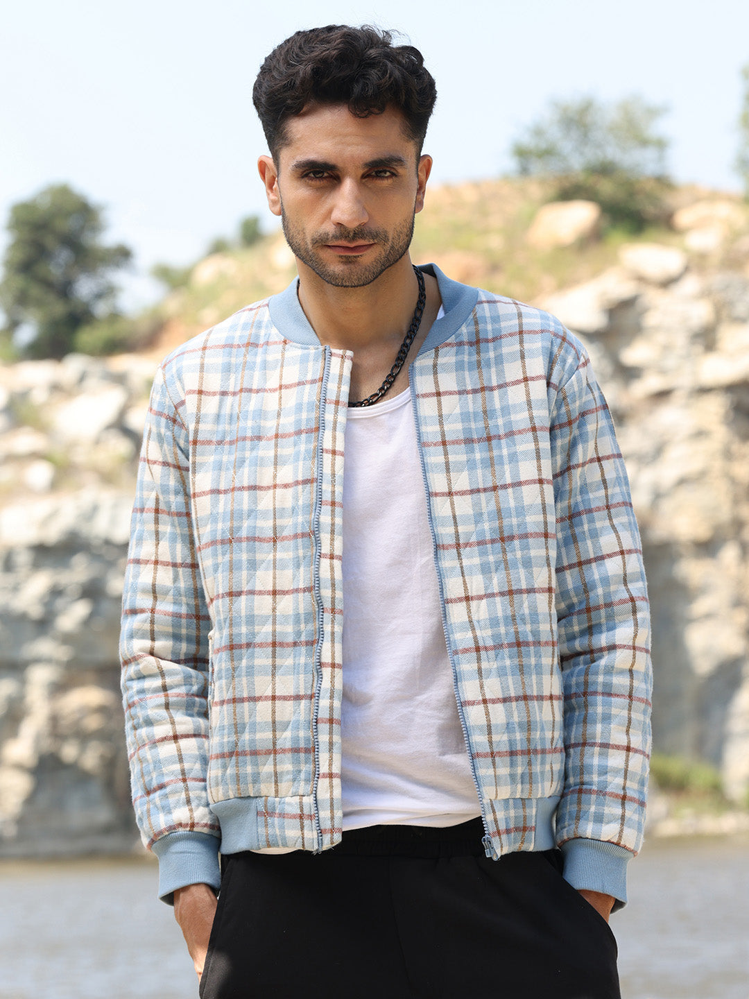 Campus Sutra Tartan Plaid Bomber Jacket