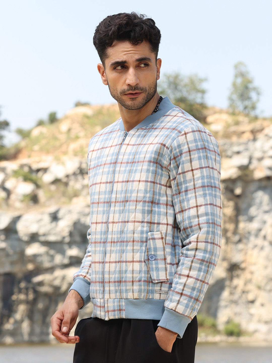 Campus Sutra Tartan Plaid Bomber Jacket