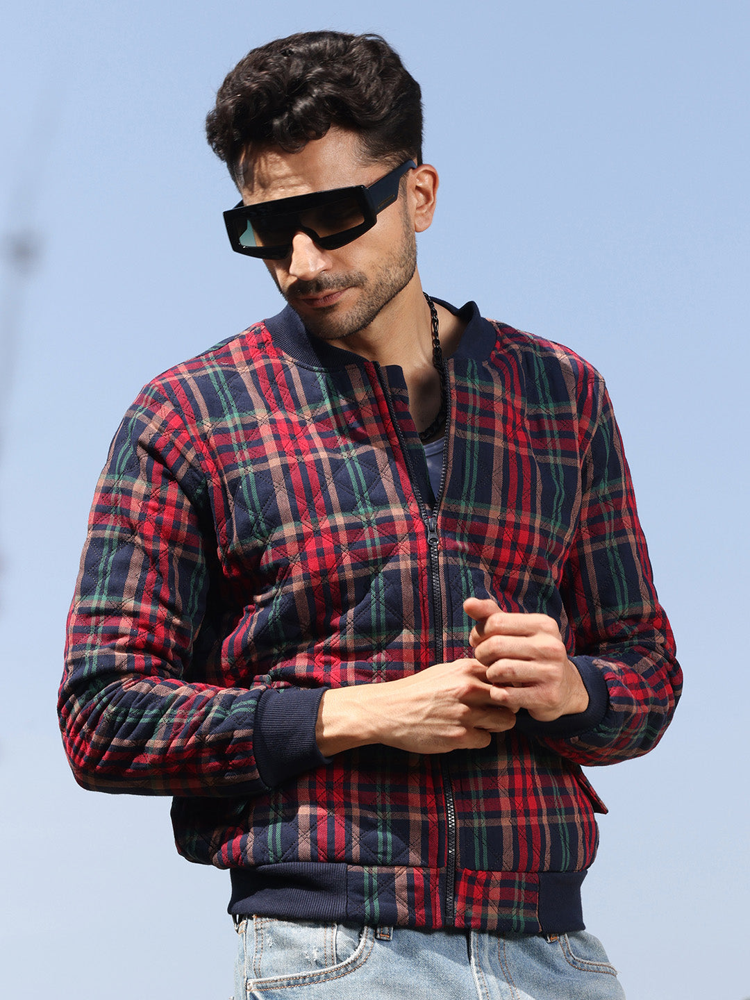 Campus Sutra Tartan Plaid Bomber Jacket