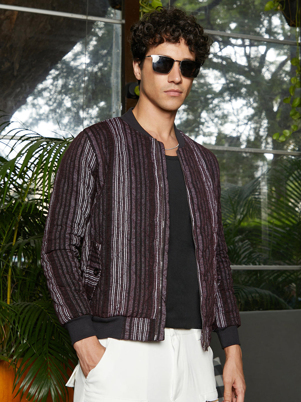 Campus Sutra Striped Quilted Bomber Jacket