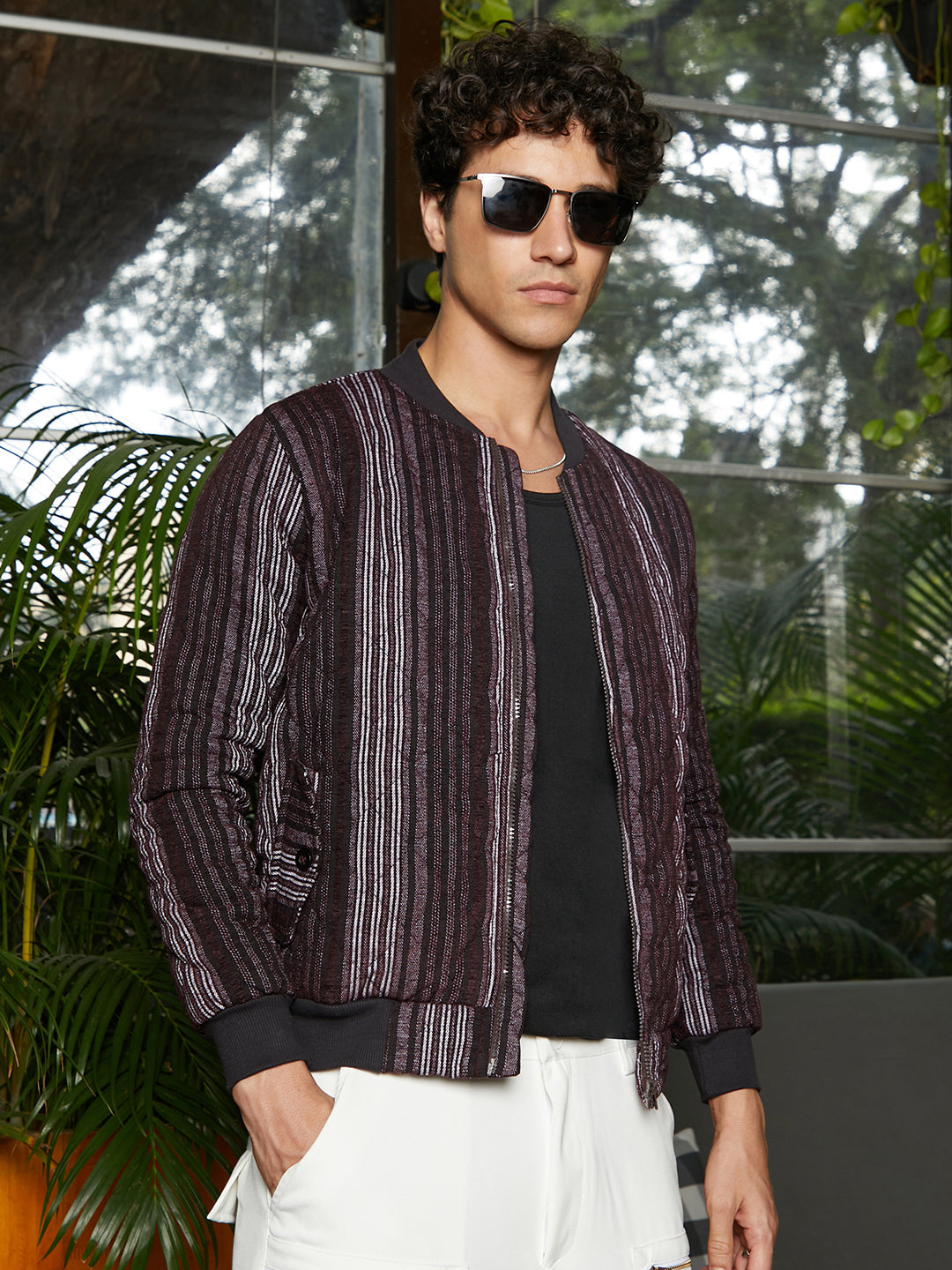 Campus Sutra Striped Quilted Bomber Jacket