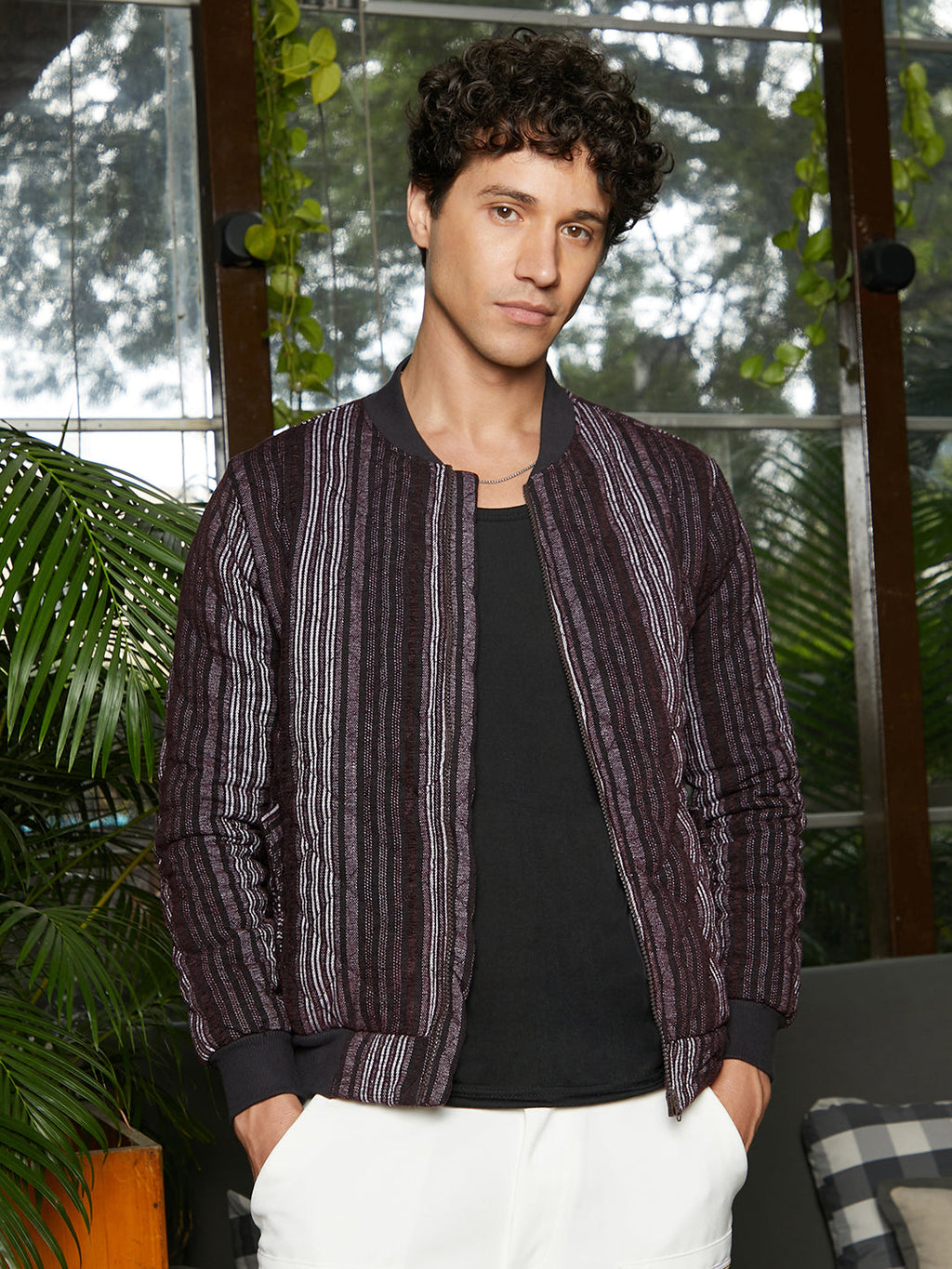 Campus Sutra Striped Quilted Bomber Jacket