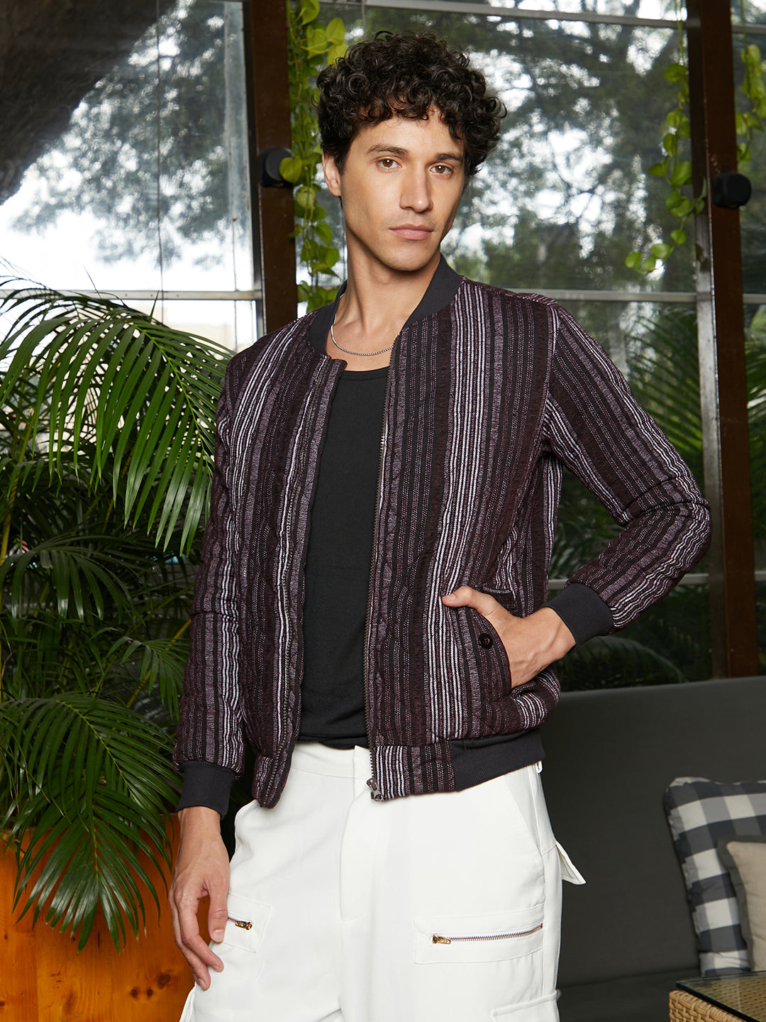 Campus Sutra Striped Quilted Bomber Jacket