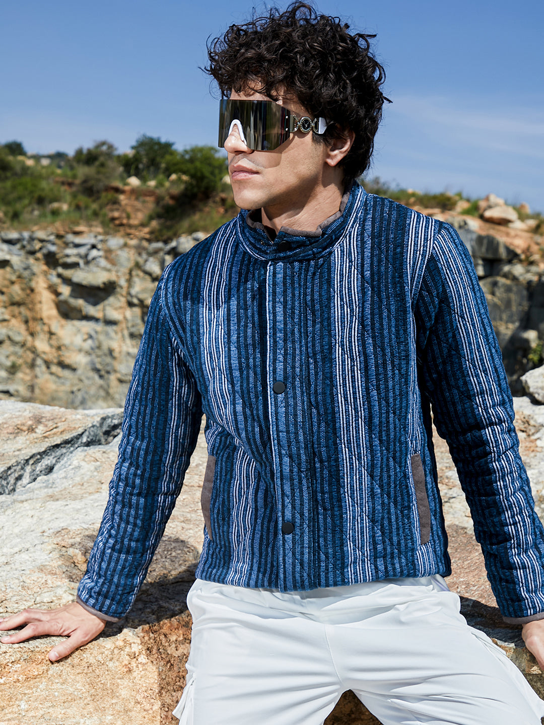 Campus Sutra Striped Quilted Bomber Jacket