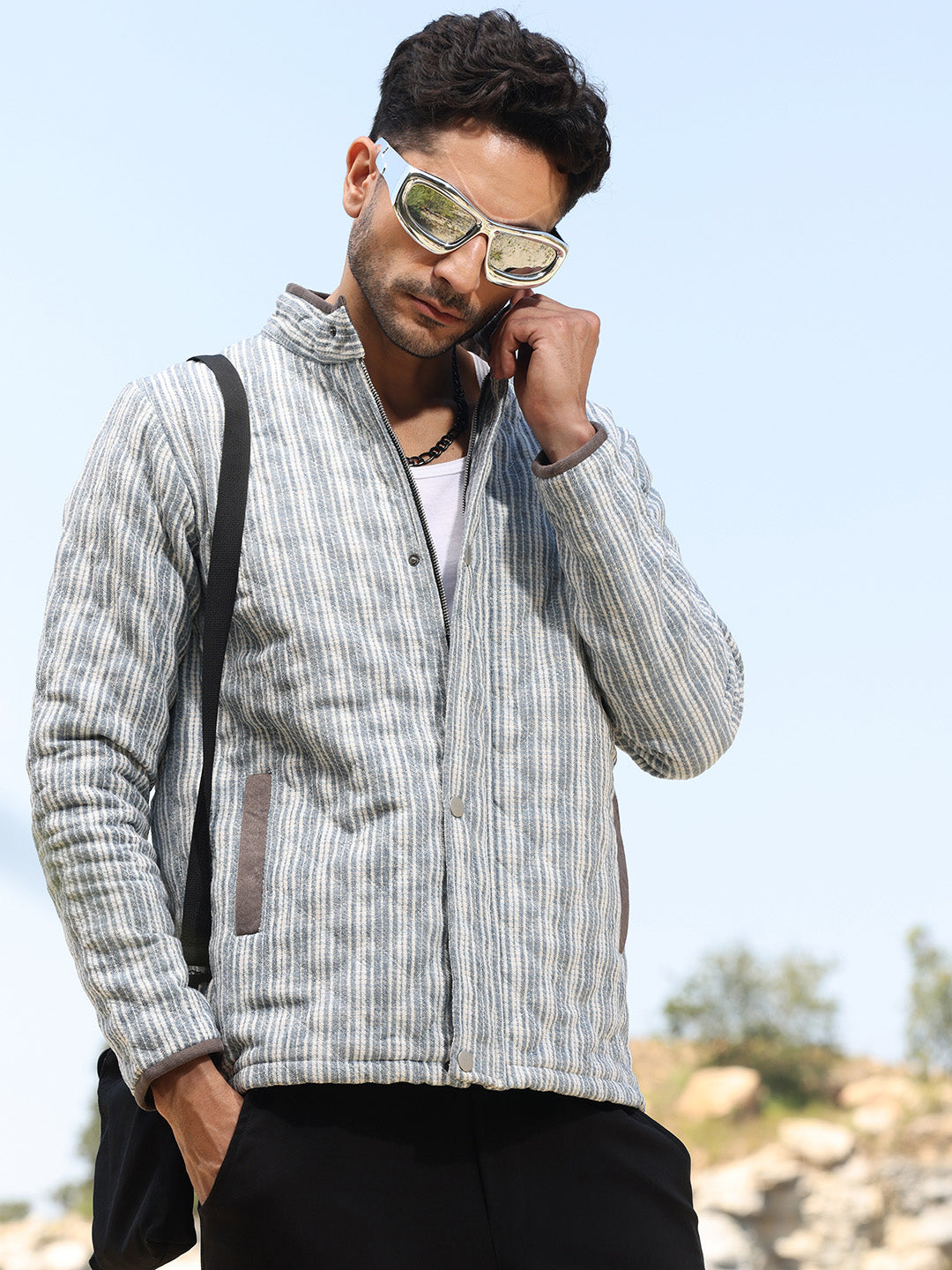 Campus Sutra Striped Quilted Bomber Jacket