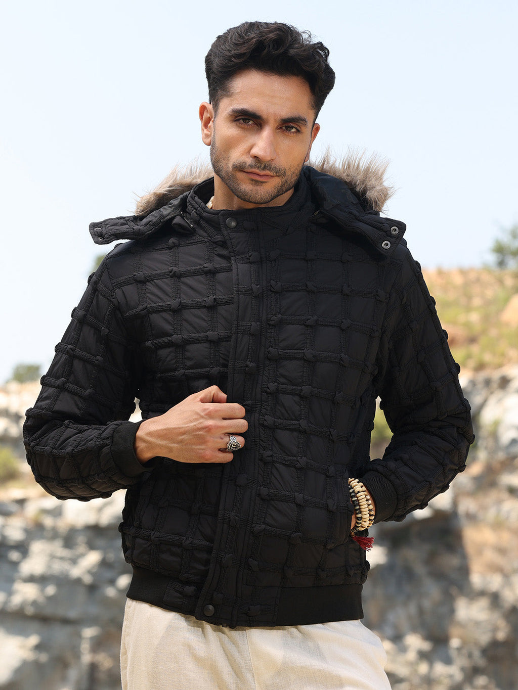 Campus Sutra Self-Design Puffer Jacket With Fleece Hood
