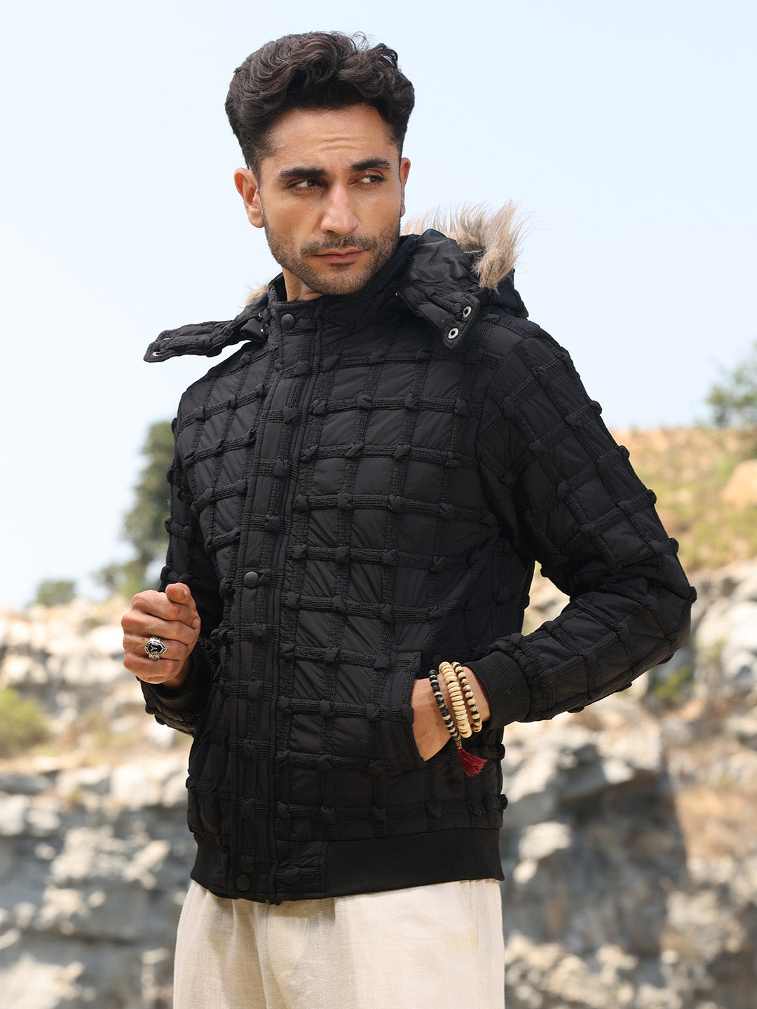 Campus Sutra Self-Design Puffer Jacket With Fleece Hood