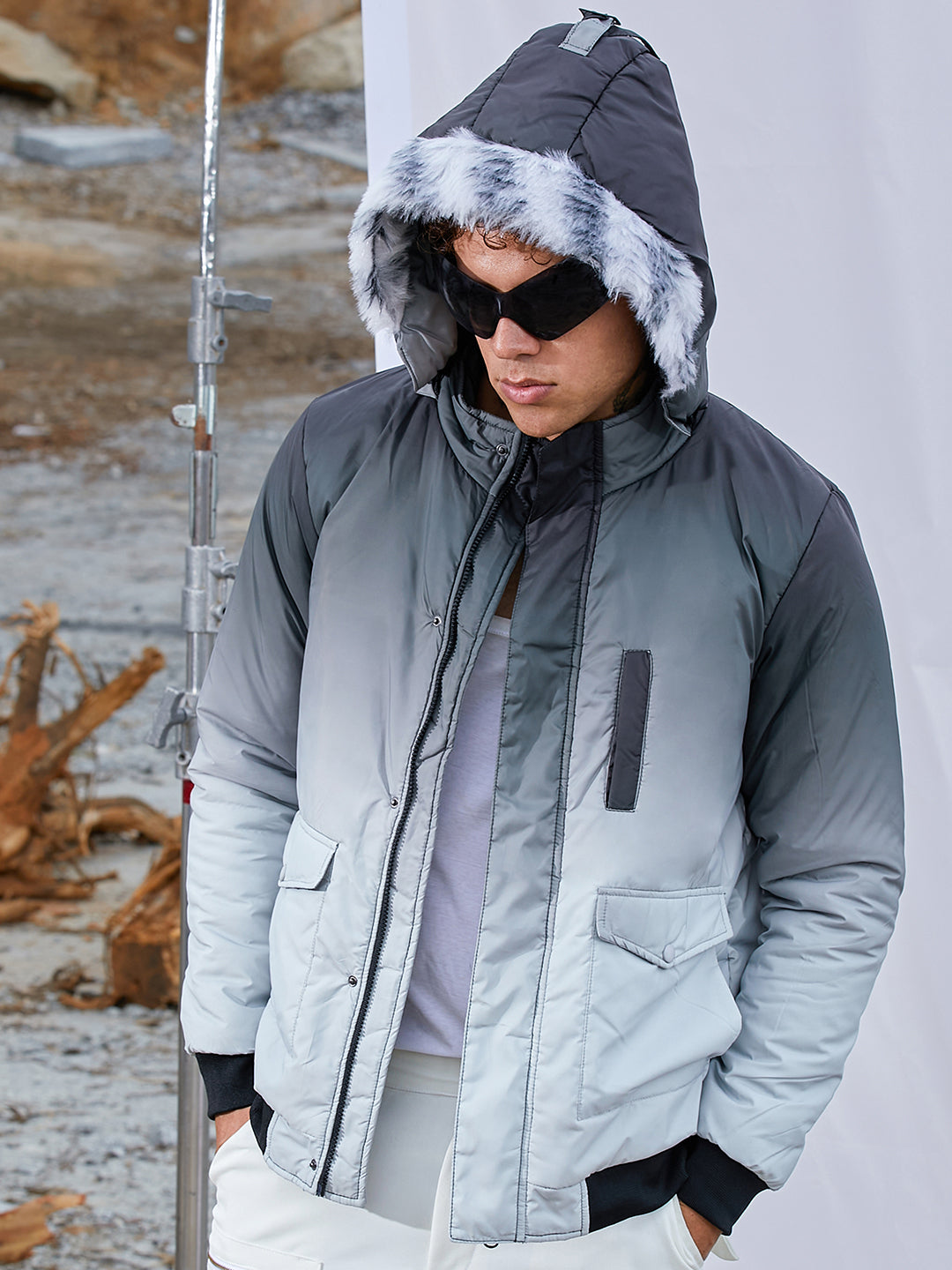 Campus Sutra Ombre Puffer Jacket With Fleece Hood