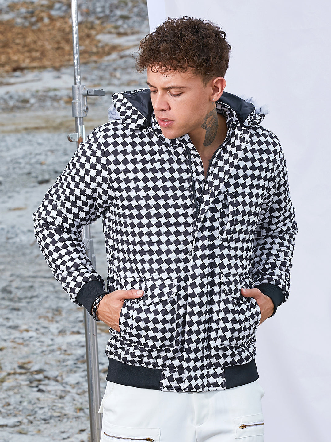 Campus Sutra Checkboard Puffer Jacket With Fleece Hood