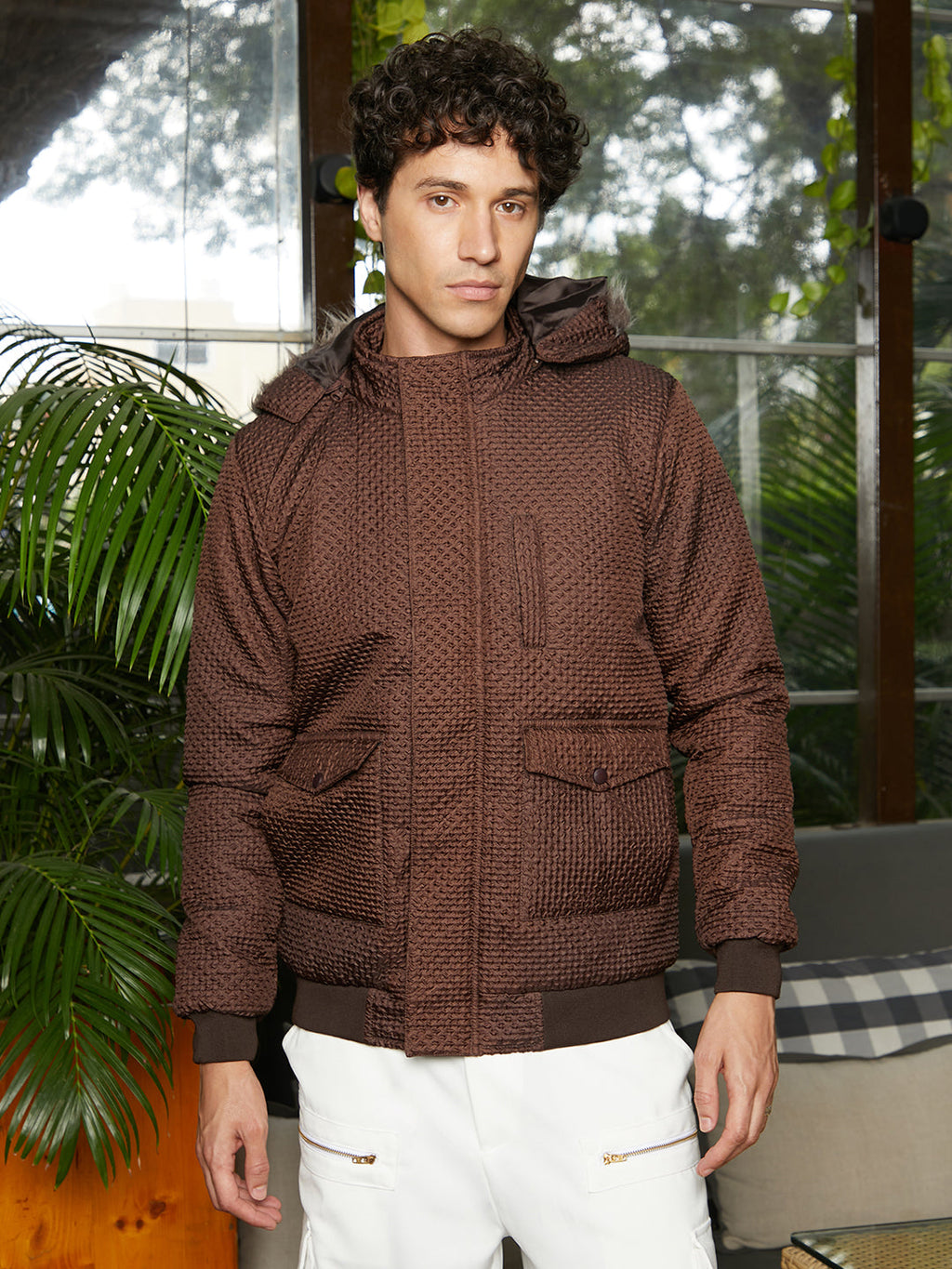 Campus Sutra Self-Design Diamond Puffer Jacket With Fleece Hood